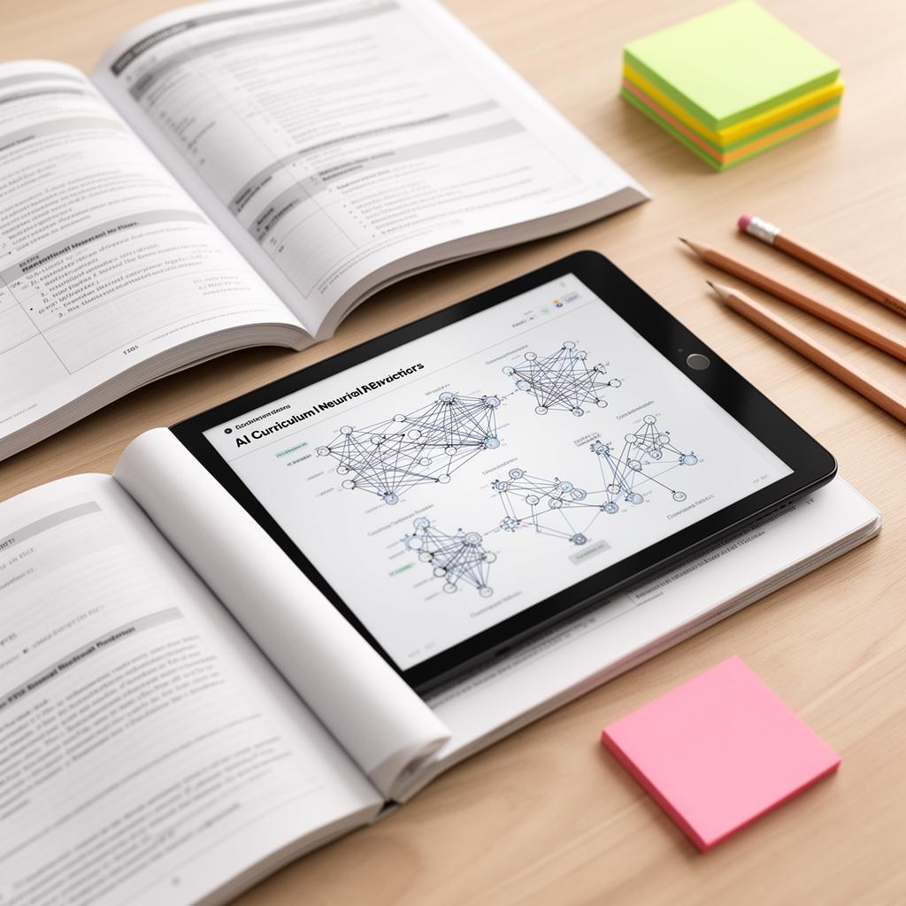 AI curriculum materials including a tablet displaying neural network diagrams alongside lesson plans