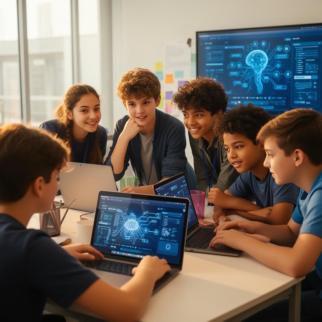 Middle school students collaborating on laptops while learning about artificial intelligence
